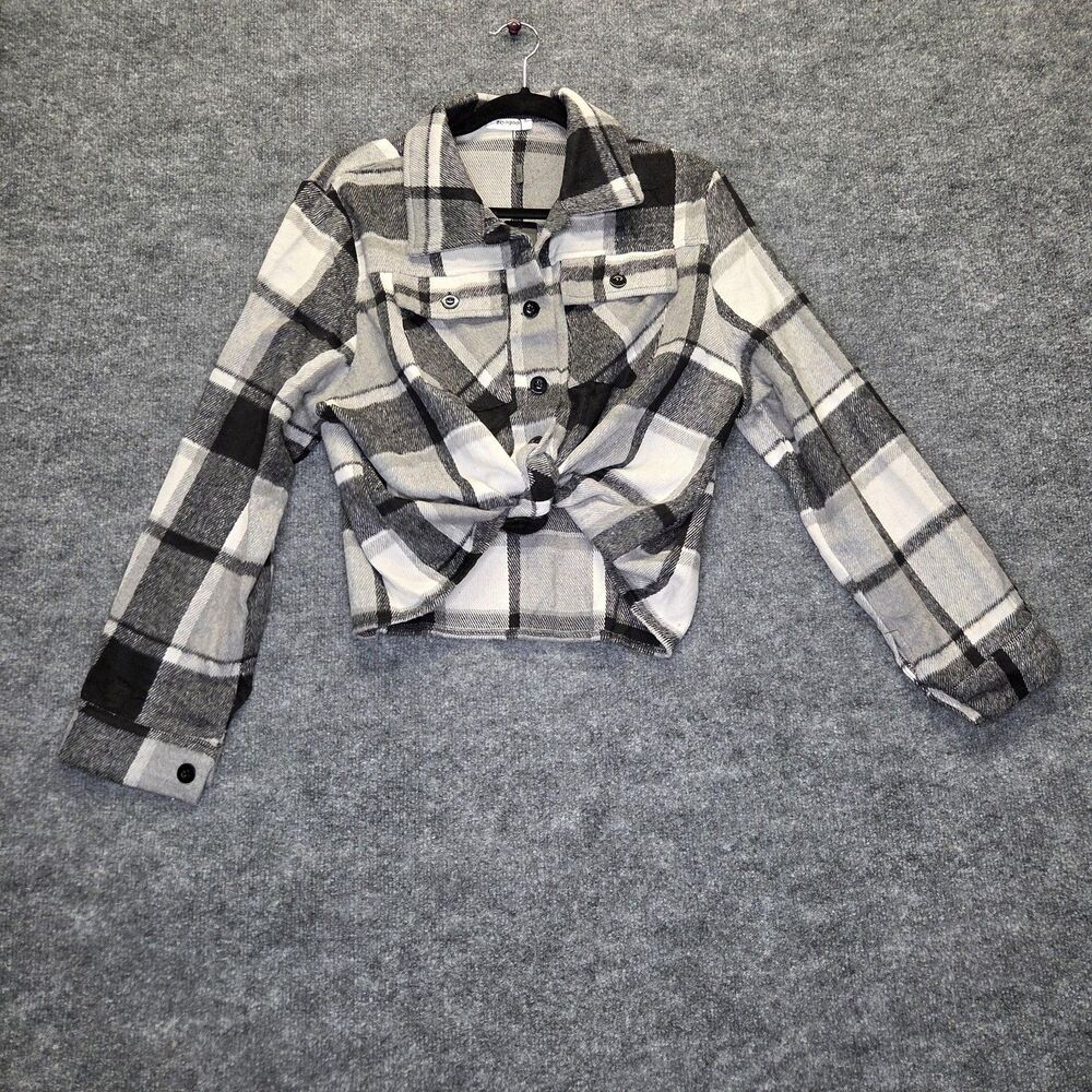 Zeagoo Jacket Womens Large Black Gray Plaid Flannel Cropped Shacket Button